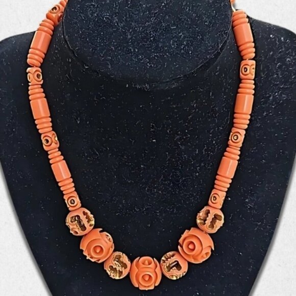 Jewelry - Vintage Lucite Choker Necklace Carved Style Beads Celluloid Barrel Clasp Coral W